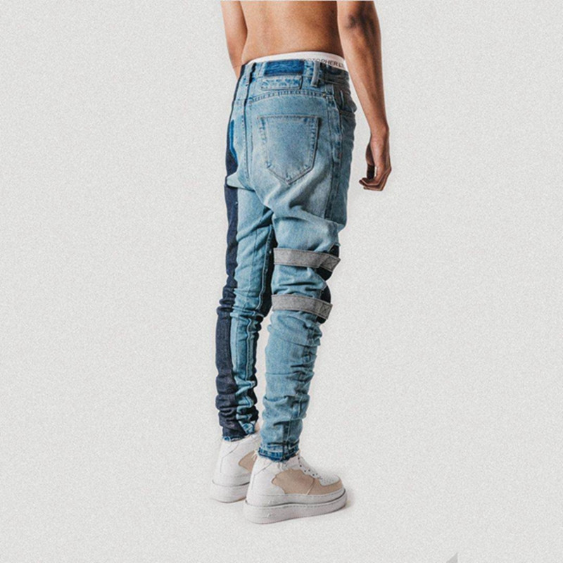 Strapped Pocket Distressed Jeans Slim Tapered Biker Jeans Hip Hop Streetwear Non-stretch Cotton 201111