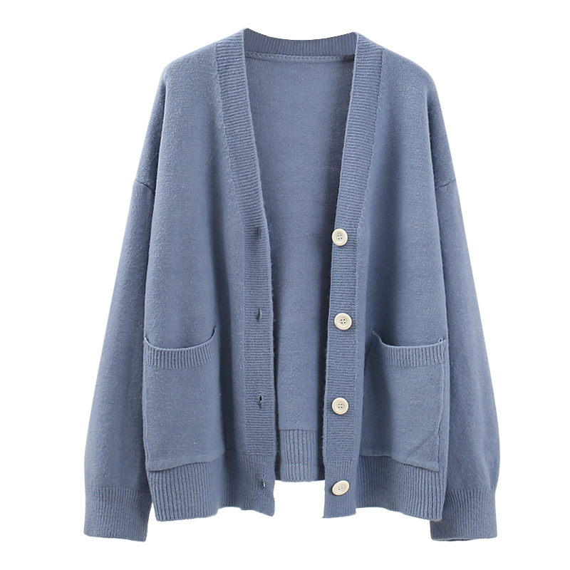 Mid-length V-neck pocket sweater cardigan female new loose student lazy wind sweater coat 201111wtt