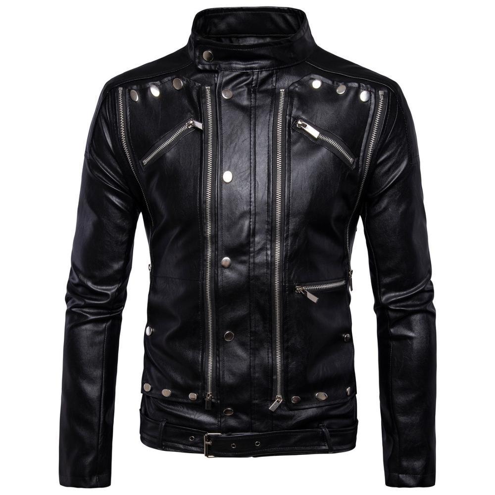 AKSR New Men's Leather Jacket Lapel Multi-Zipper Punk Style Casual Slim Coat Motorcycle Leather Faux Fur PU Jacket Hot M-5XL 201120