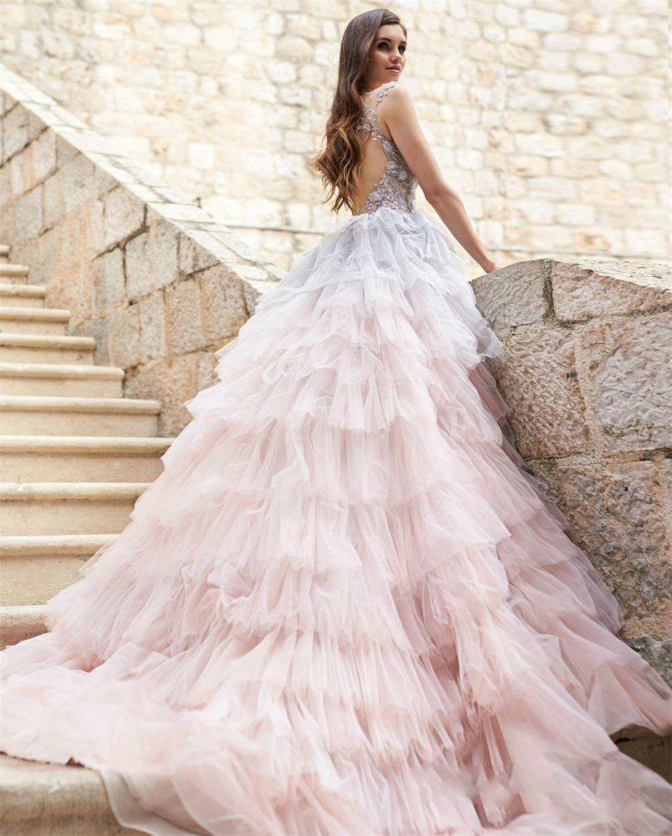Gorgeous A Line Wedding Dresses Tiered Tulle Ruffles Lace Applique Beads Bridal Gowns Gray Pink Blush Sexy Backless Robes De Mariée