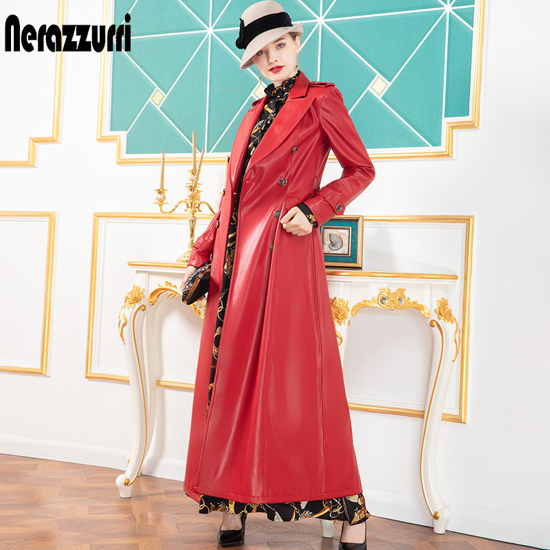 Nerazzurri Red long leather trench coat for women long sleeve sashes lapel Maxi soft rain coat women British style leather coats 201226