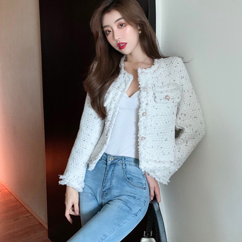 Small Fragrance Women Tweed Outerwear Autumn Winter Single Breasted Tassel Blends Wool Female Long Sleeve Jacket Coat 201028
