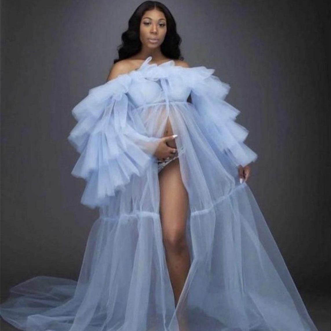 Light Blue Maternity Nightgowns Plus Size Luxury Ruffles Maternity Photography Tulle Gowns Custom Made Bridal Sleepwear Bathrobe