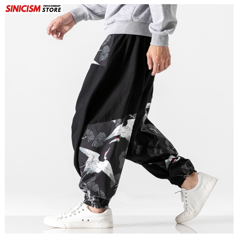 MrGoldenBowl Store Mens Loose Harem Pants Male Autumn Causal Baggy Traditional Pants Crane Print Cotton Pants 201116