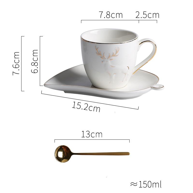 Nordic Elk Golden Edge Coffee Mug With Leaf Shape Tray Teaspoon Set Cafe Household Tumbler Cappuccino Espresso Cup Holder