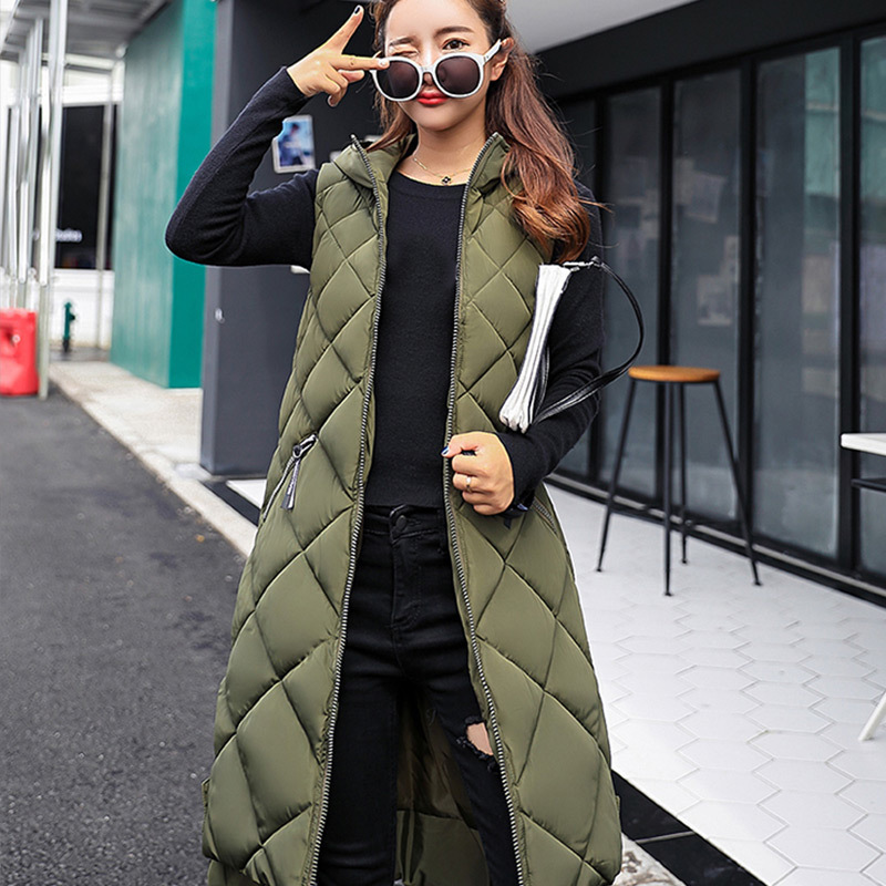 Autumn Winter Hooded Long Down Vests Women Solid Sleeveless Loose Mixi Waistcoat Female New Fashion Casual Warm Lady Coats 201102