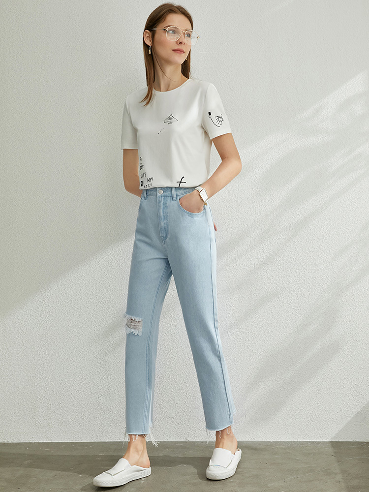 AMII Minimalism Spring Summer Hollow Out Light Blue Women Jeans Caual Straight Letter Printed Female Pants 12070216 201105