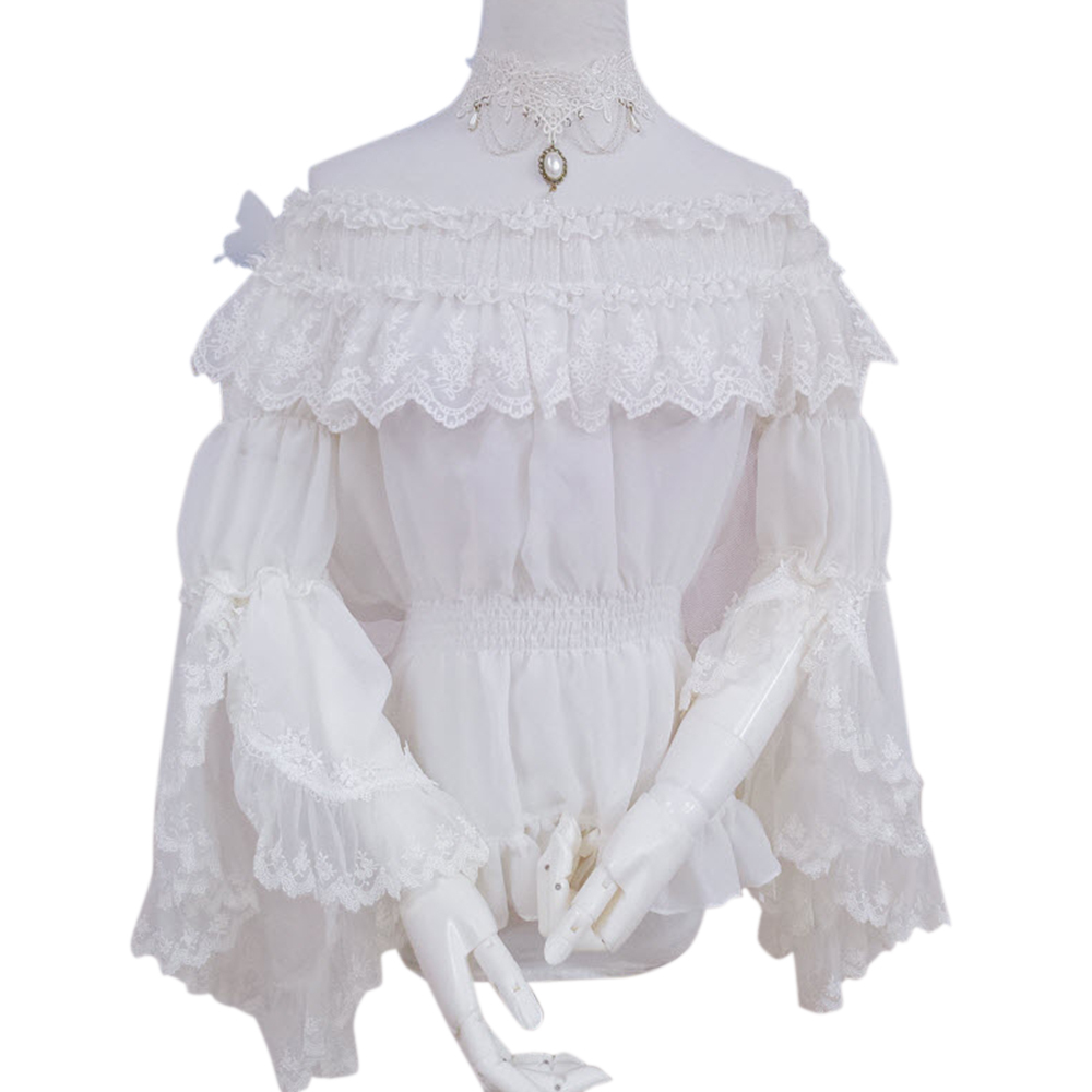 Lace Lolita Shirt Women Floral Embroidery Blouses Shirt Cosplay Ladies Slash Neck Tops Mesh Elegant See-through White Shirt 201125