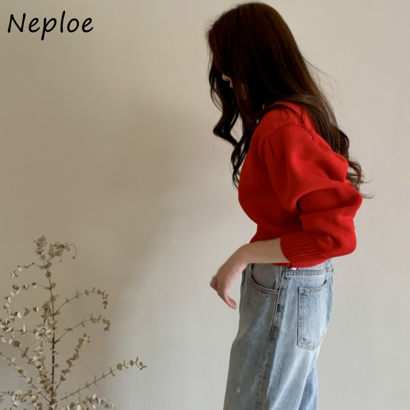 Neploe Autumn Candy Colors Slim Waist Pullovers O-neck All-match Knitted Sweater Puff Sleeve Soft Warm Tops Women 1G136 201221