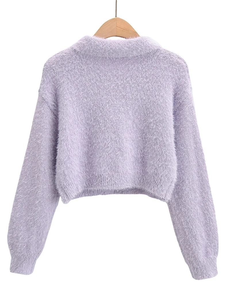 Women Turn Down Collar Fluffy Cropped Jumper Fuzzy Cropped sweater 201201