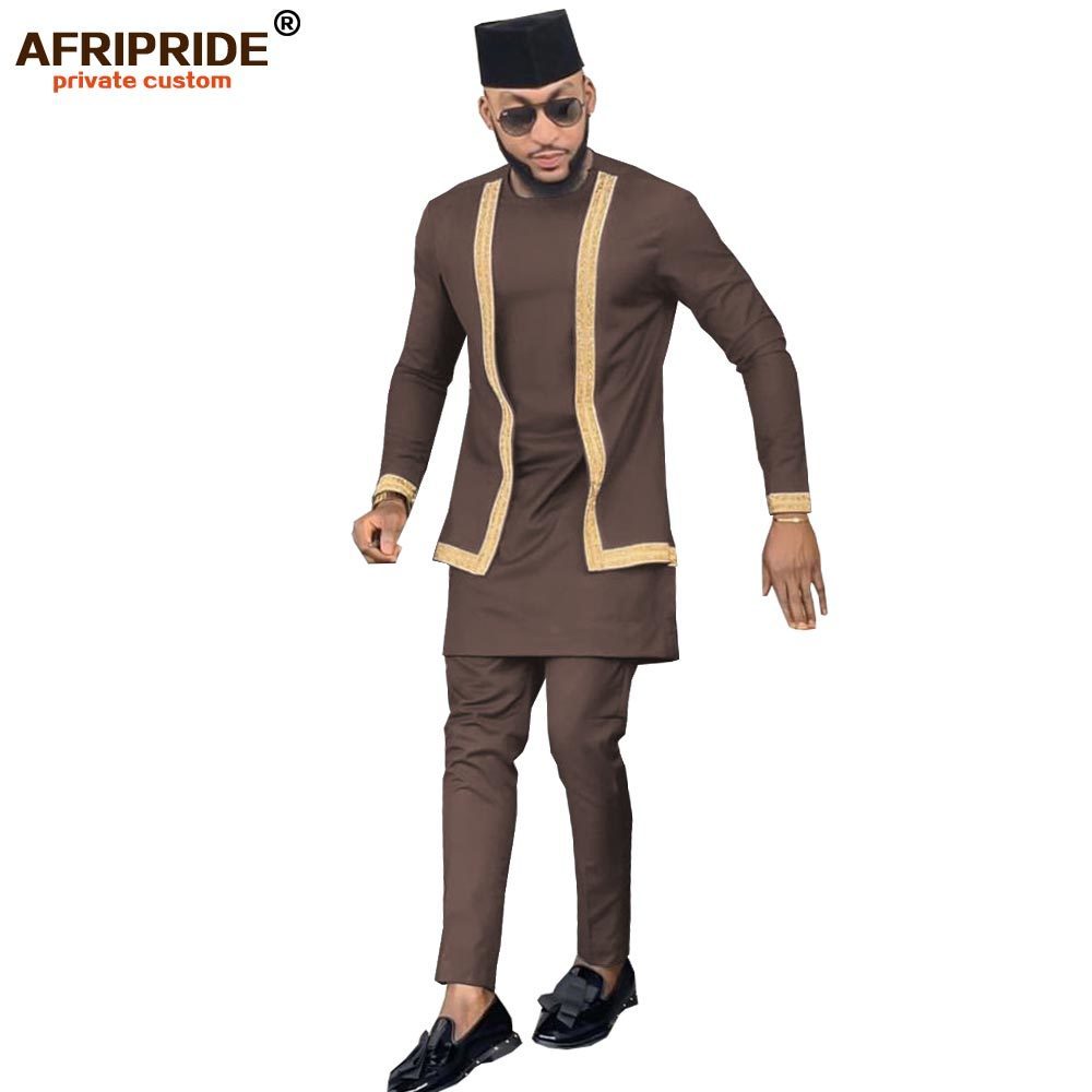 African Men Clothing Set Outfit Suit 3 Pieces for Men Dashiki Shirt Ankara Pants Tribal Hat Tracksuit AFRIPRIDE A1916016 201123