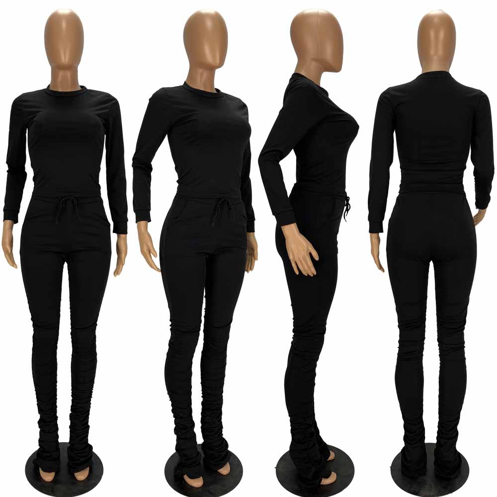 Pants Spot European and American spring summer fashion pleated solid color long sleeve suit