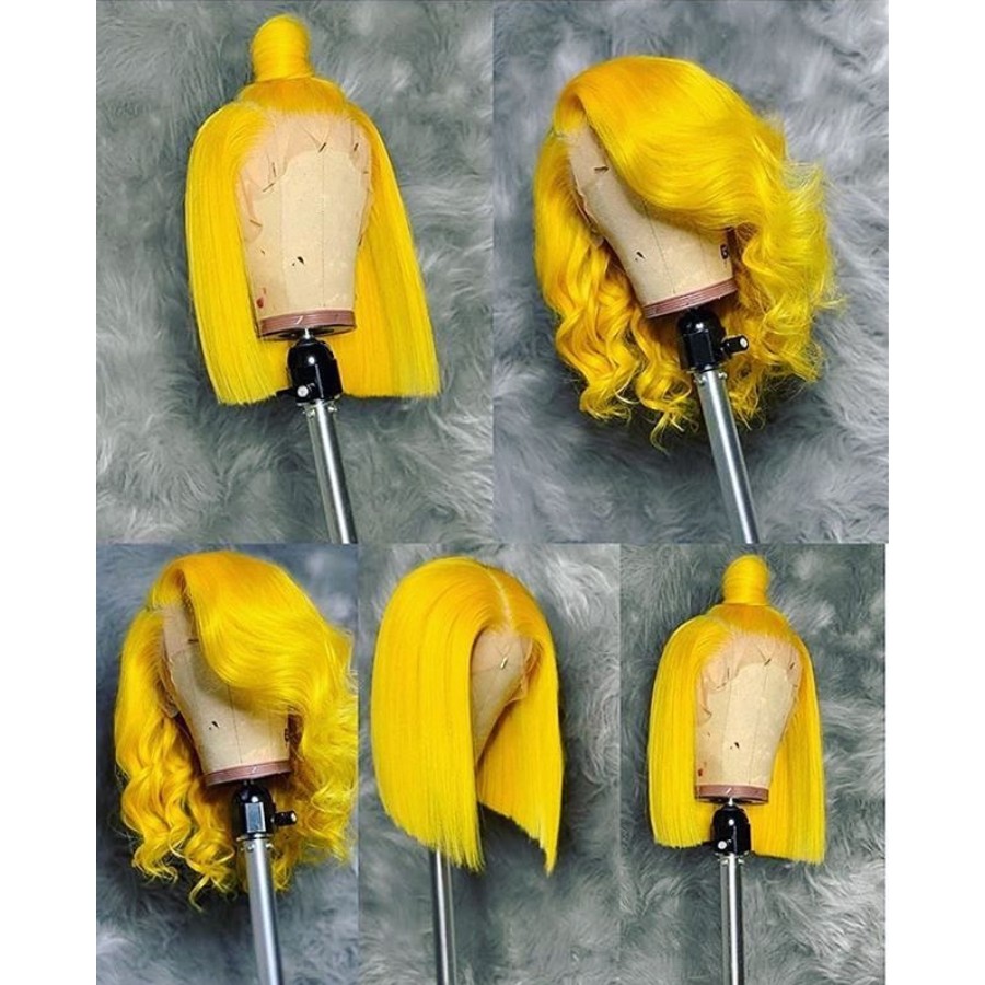 Yellow Wave Bob brazilian hair Lace Front Wigs 13X4 Pre Plucked Short straight synthetic Bob Wigs For Black Women Bleach Knots