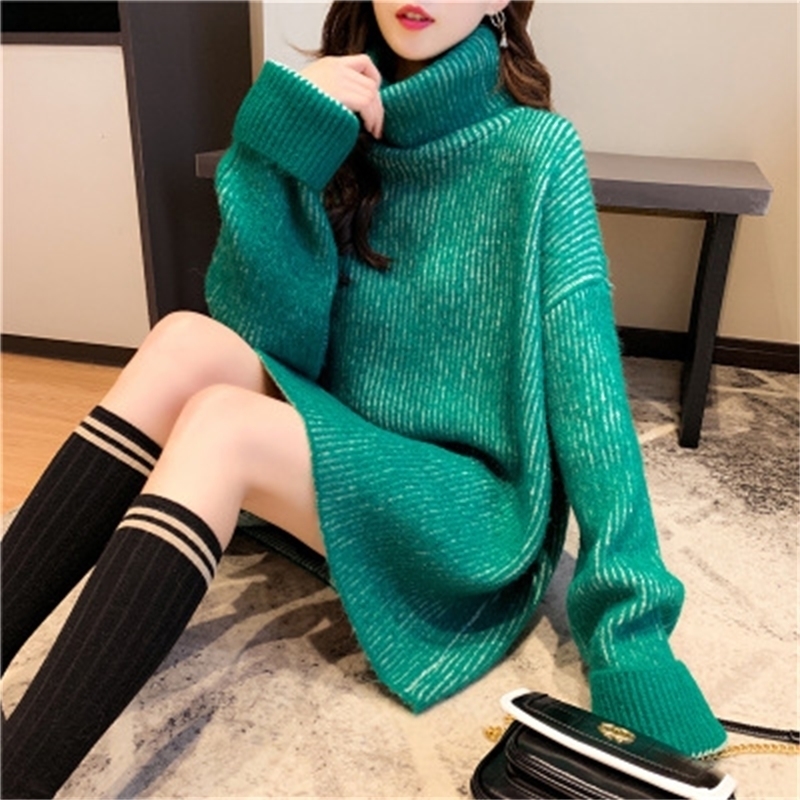 H.SA Women High Turtleneck Green Sweater and Jumpers Long Sleeve Solid Oversized Pullovers Thick Winter Knitwear Korean 201201