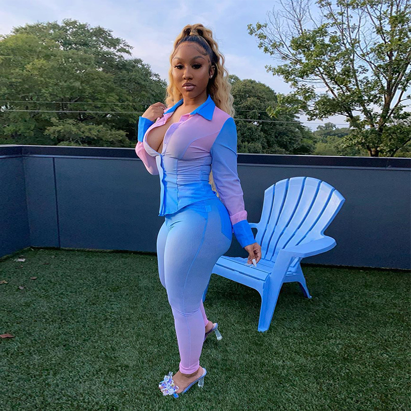 HAOYUAN Sexy Plus Size Tie Dye Two Piece Set Jumpsuit Bandage Shirt Top+Bodycon Pocket Pants Women Fall Clothing Fashion Outfits 201007