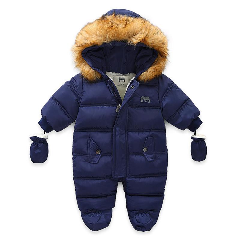 Down Coat Children Winter Jumpsuit Fur Hood Baby Girl Boy Snowsuit Russian Infant Outerwear Ovealls Thick Rompers With Gloves