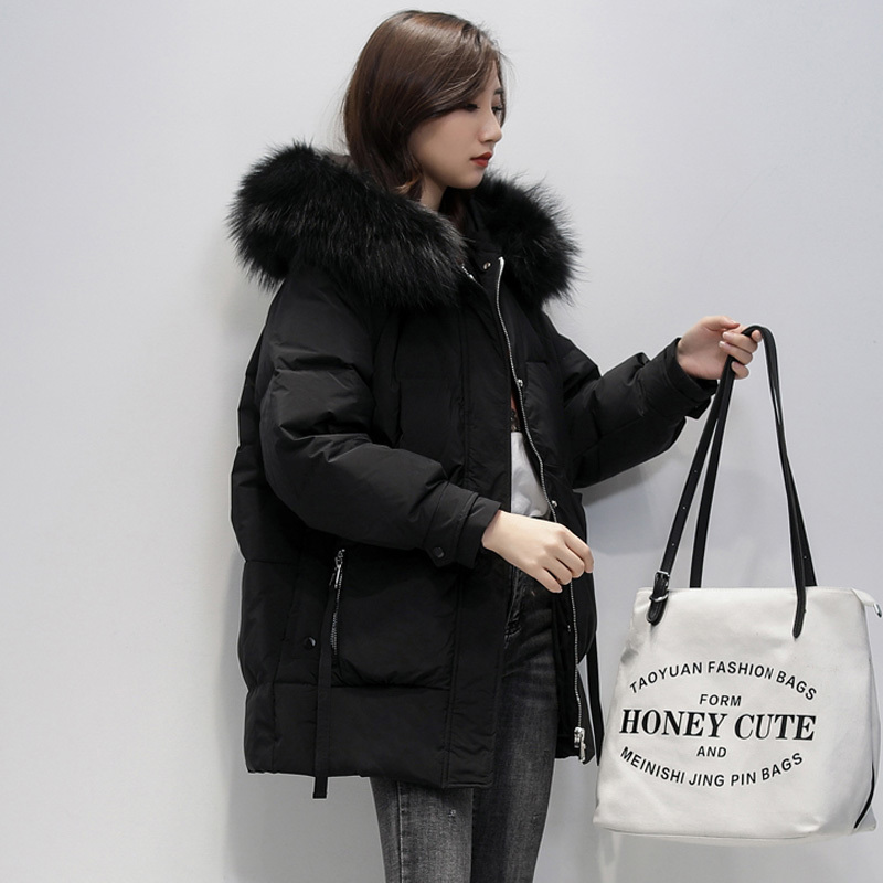 Janveny Women's Down Jacket Winter Large Natural Fox Fur Hooded Medium Long Female Feather Parkas 90% White Duck Coat 201019 B1