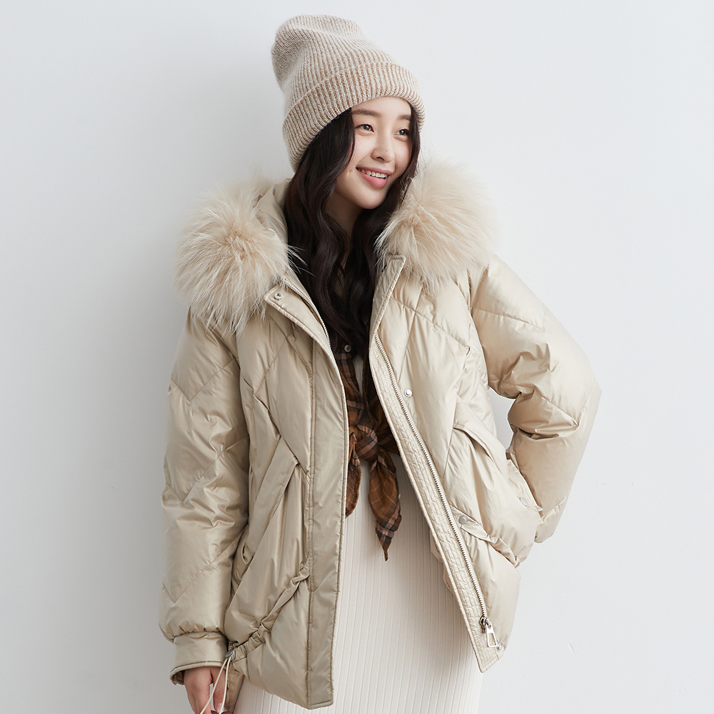YAYA Winter Warm Big Pocket 90% White Duck Down Jacket with Irregular Hem Women Real Fur Collar Hooded Thicken Gold Black Coat 201019