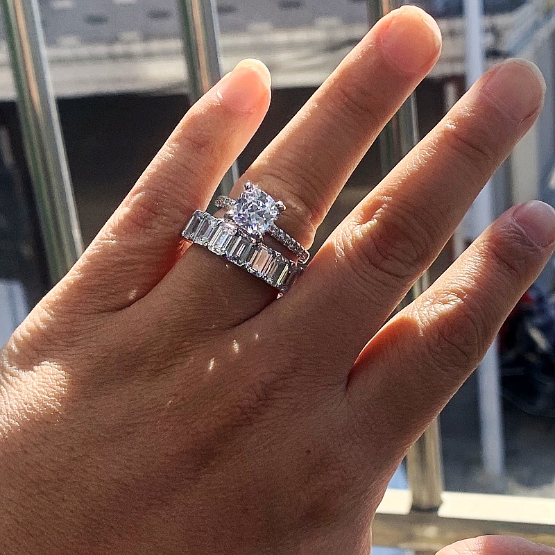 Size 5-10 Couple Rings Luxury Jewelry 925 Sterling Silver Emerald Cut White Topaz CZ Diamond Eternity Women Wedding Bridal Ring Set Gift