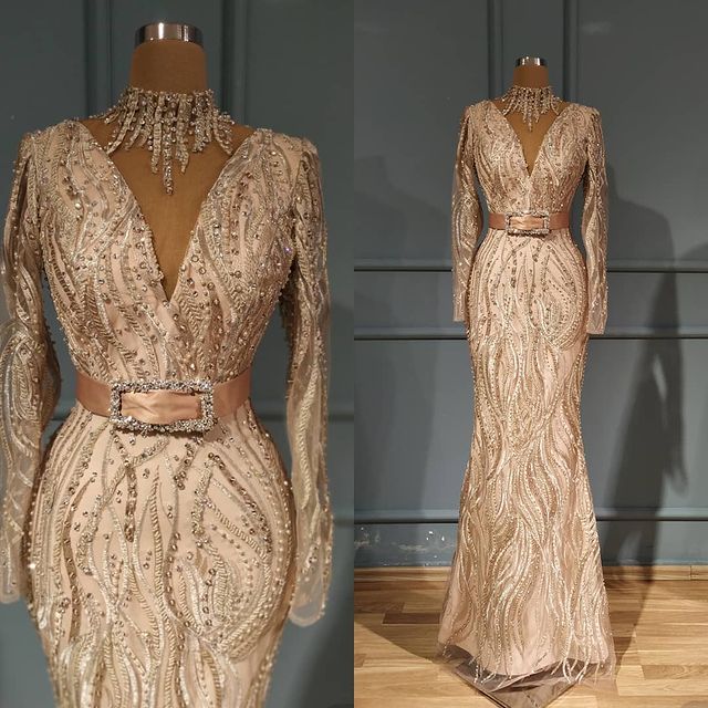 aso ebi arabic gold luxurious mermaid evening dresses beaded lace prom dresses vintage formal party second reception gowns zj399