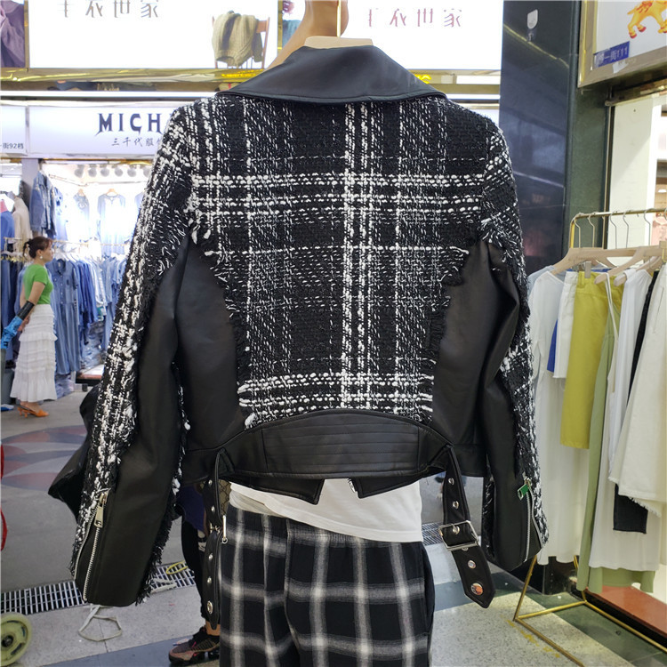 Autumn Tweed Stitching Pu Leather Jacket Women Streetwear Short Jackets Female Lapel Coat Joker Woolen Outwear 201017
