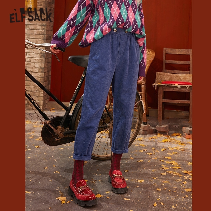 ELFSACK Blue Solid Corduroy Korean Casual Women Pants Spring Apricot Elastic Waist Straight Ladies Basic Daily Trouser 201012