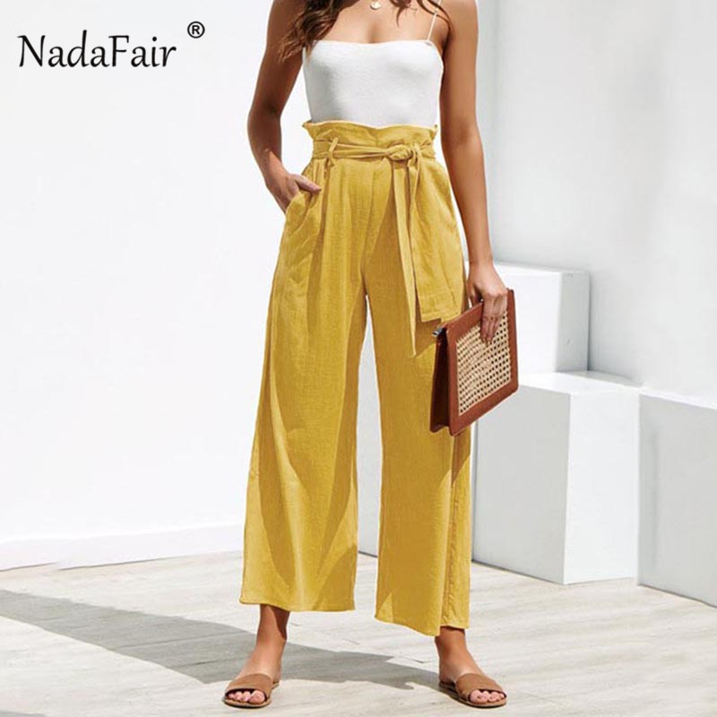 Nadafair Casual High Waist Straight Pant Women Belted Wide Leg Capris Trouser Spring Summer Ankle-length Pants Female T200319