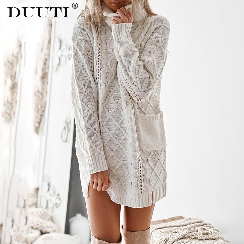New Spring Women Turtleneck Sweater Dress Sexy Twist thickened Winter Long Sleeve Knitted Dress Warm Pullovers Female D30 201017