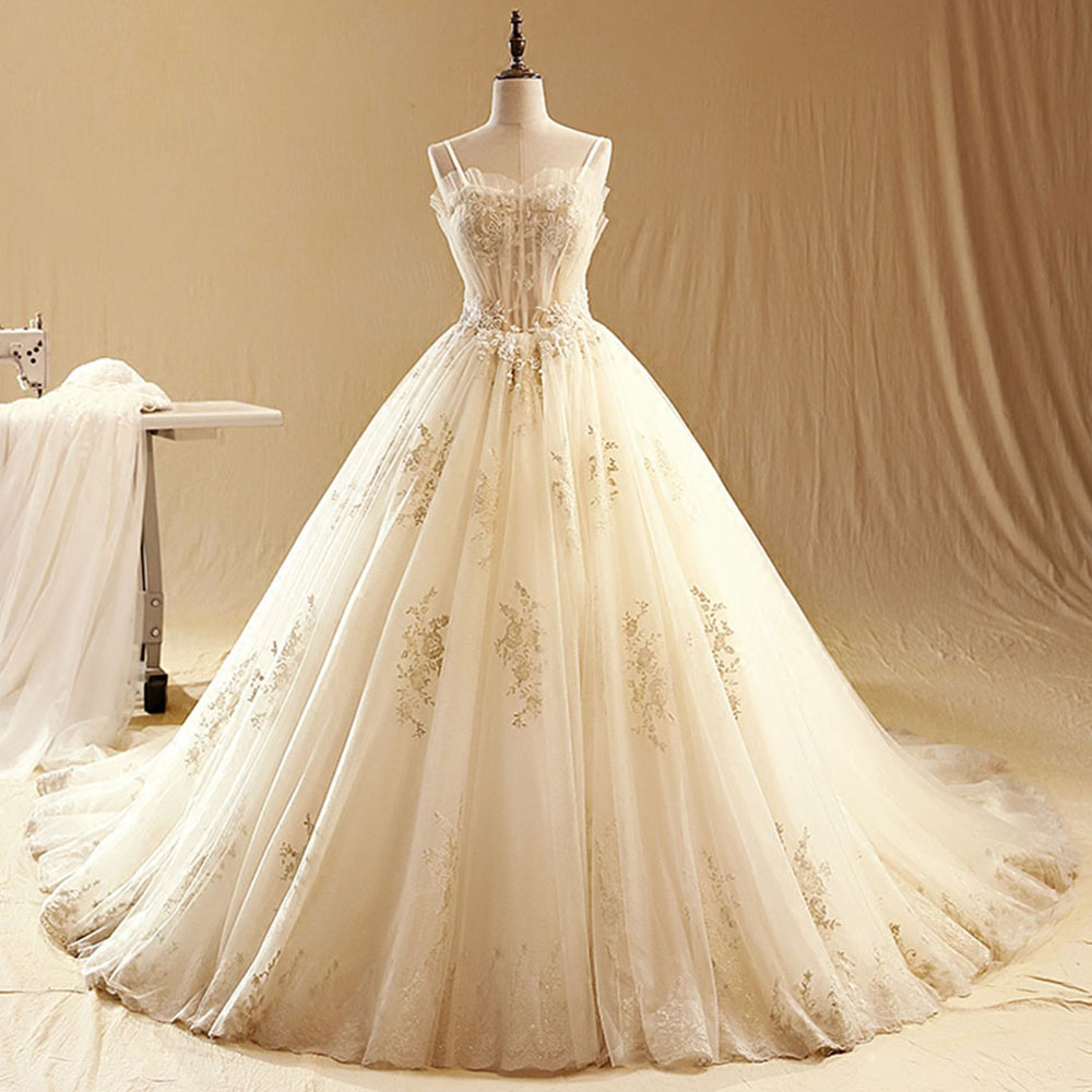 Pearls Flower Appliques Lace Prom Dress Spaghetti Strap A-Line Lace Up Vestido De Novia Floor Length Custom Made Bridal Dress