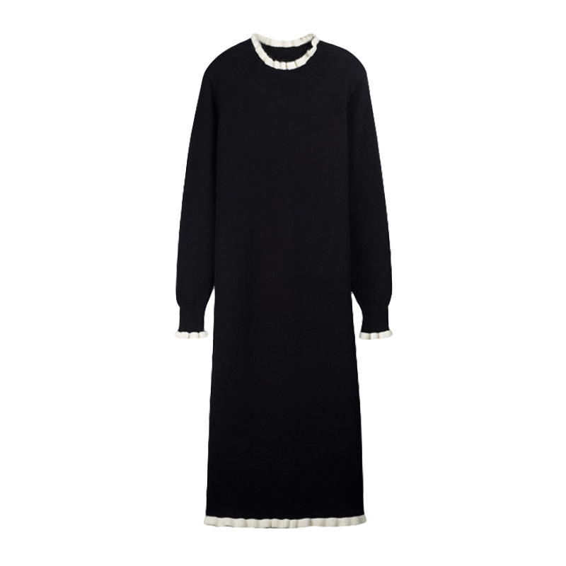 Sweet Ruffled Collar Lace Dress Women Fashion Contrast Color Flare Sleeve Acrylic Knitted Dress Autumn Winter Midi Sweater Dress 201126
