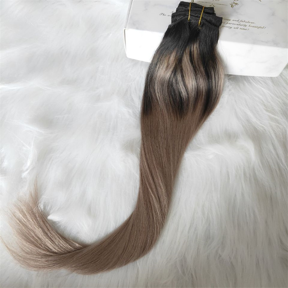 Balayage Clip In Hair Extensions Natural Black Color Fading To Ash Blonde Ombre Double Weft Extension 120G
