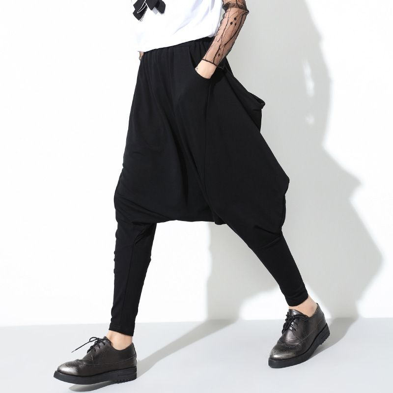[EAM] High Quality Spring Fashion New Loose Casual High Elastic Waist Black Harem Pants Women's Trouser All-match YC79501 201106