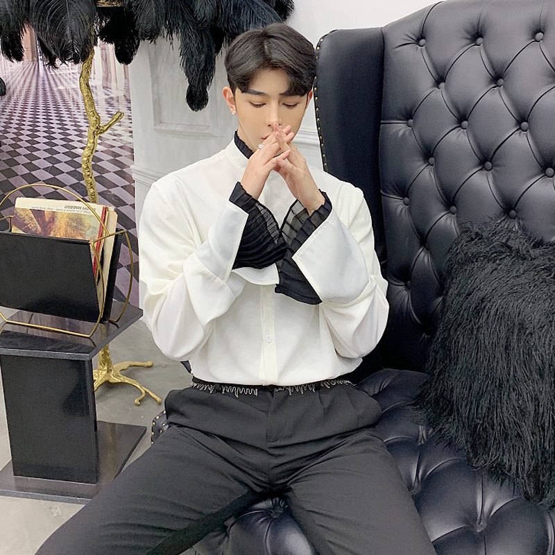 2021 Spring Designer New Stringed Chiffon Tweaked Ruffles Popular Collar Loose From Long Glove of Men's Shirt. 0ESL, Black.
2021 Spring Designer New Stringed Chiffon Tweaked Ruffles Popular Collar Loose From Long Glove of Men's Shirt. 0ESL, Black.