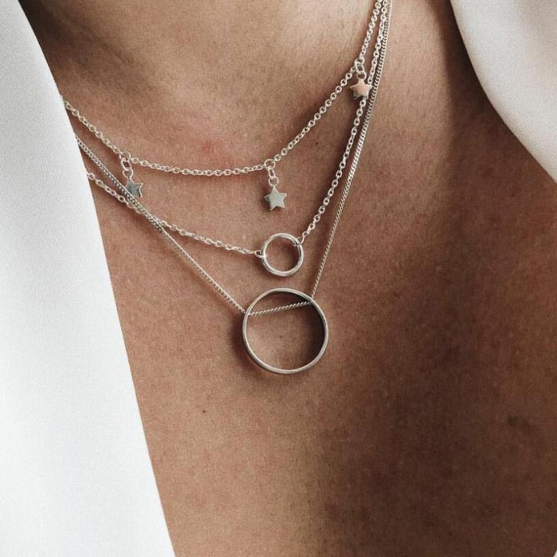 Silver color Choker Necklace for women 3 Layers full stars Pendant Chain Necklaces & Pendants velvet chokers Fashion Jewelry