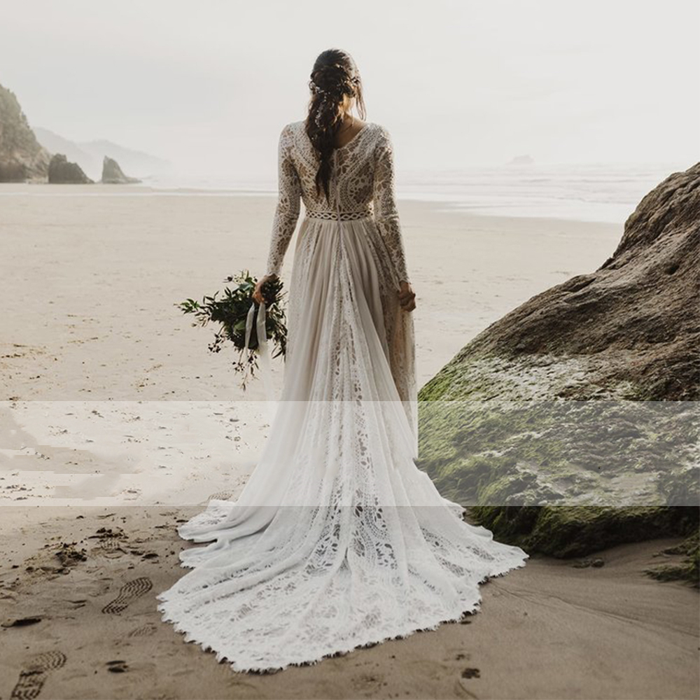 Spring Autumn Long Sleeves Beach Wedding Dresses V Neck A e Lace Chiffon Bridal Gowns Train Mariage Country Boho Bohemian Bride Dress