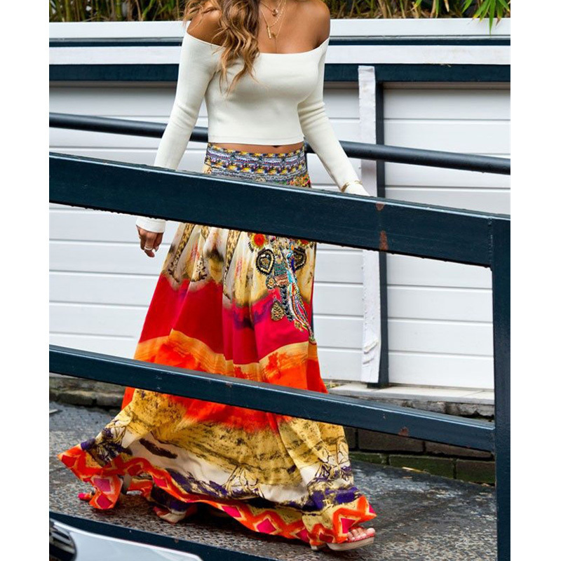 Jessie Vinson Summer Beach Plus Size Bohemia Vintage Style Loose Long Skirt Elastic Waist Ice Silk Print Maxi Skirt for Women T200301