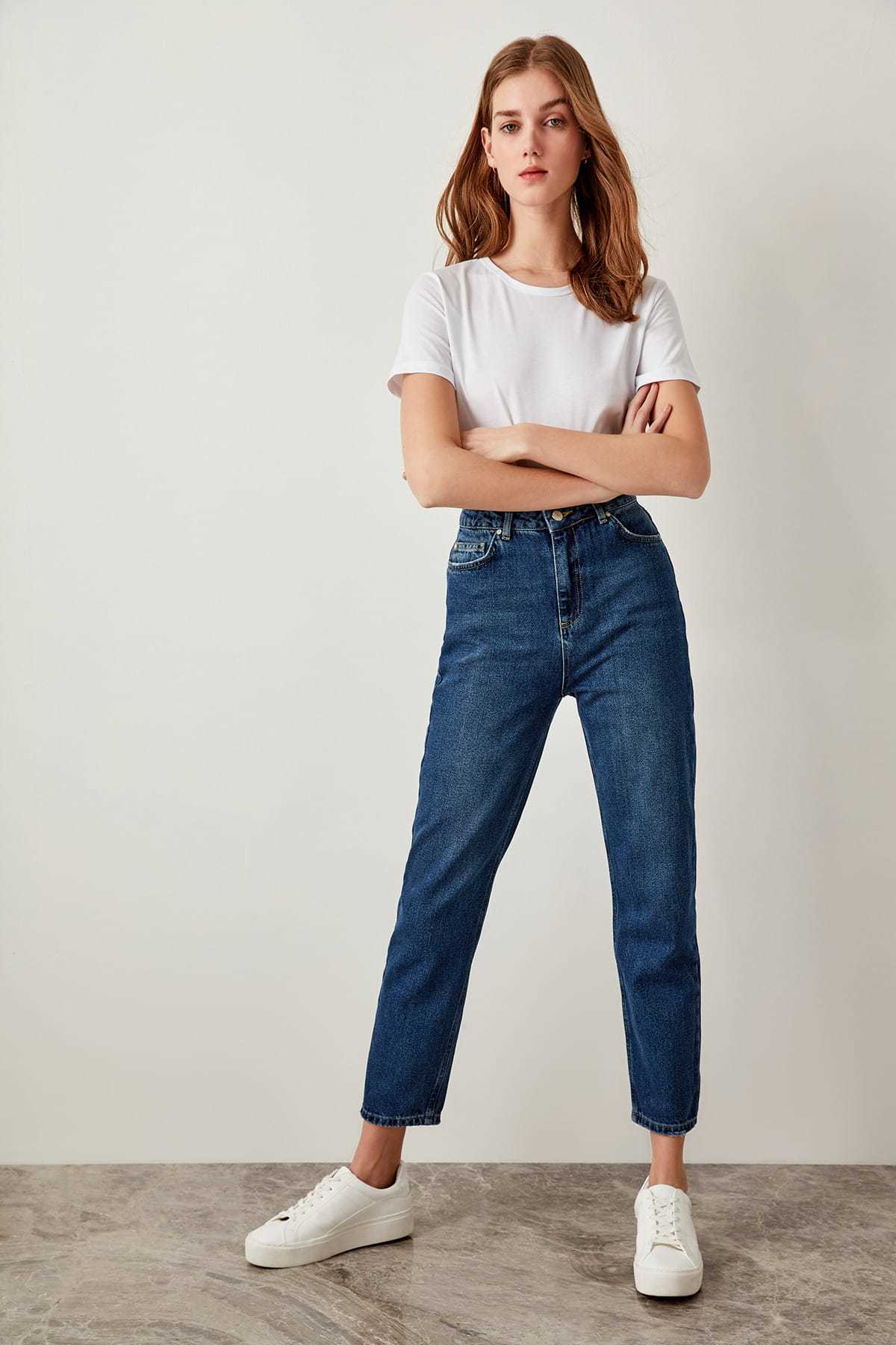 Trendyol Blue High Waist Mom 80s Jeans Casual Straight-led Denim for Ladies T200103