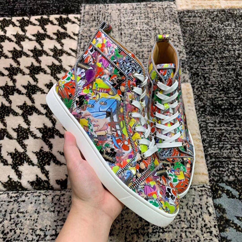 Famous Designer Brands Red Bottom Sneaker Shoes Men Women Fashion Walking Flats,New Men Leisure Colorful Graffiti Outdoor High Sneaker 36-46