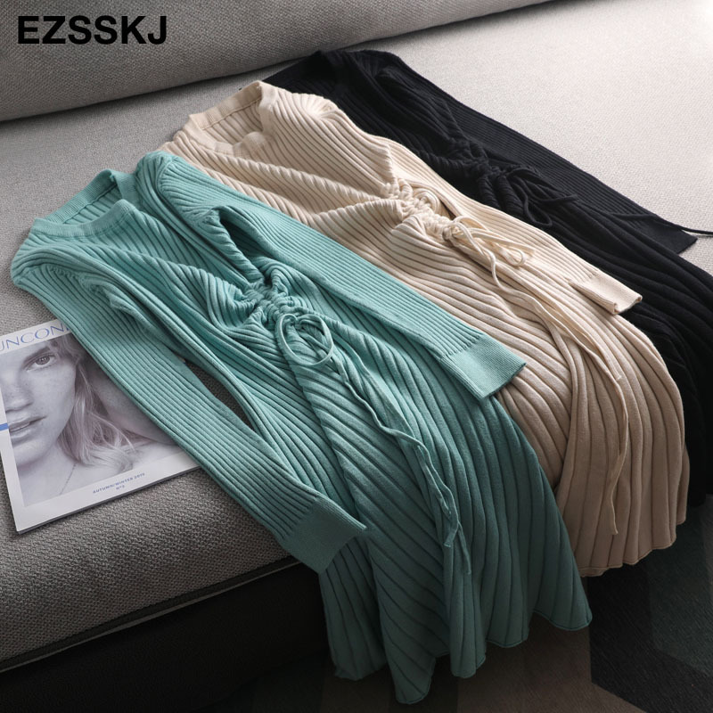 autumn winter ALINE sweater Drawstring women slim midi Female chic knit elegant dress 201030