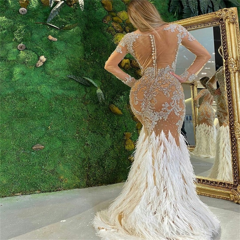 Real Image Feather Evening Dresses Glitter Sequins Beads Appliqued Mermaid Long Sleeves Prom Dresses Gorgeous Pageant Gown Custom Made