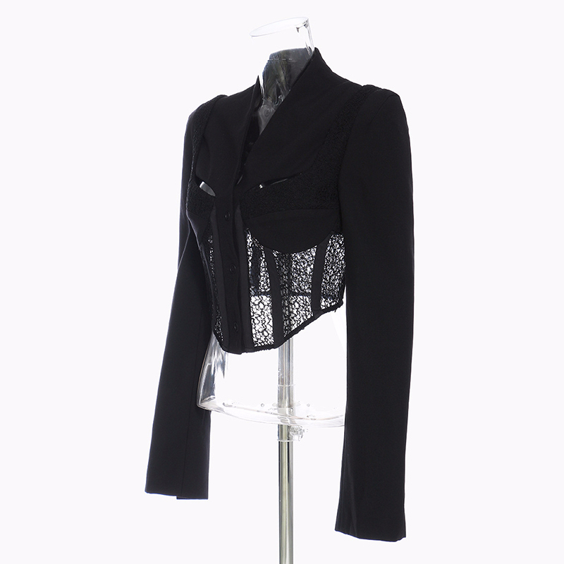 TWOTWINSTYLE Patchwork Hollow Out Black Coat For Women V Neck Long Sleeve Lace Coats Female Summer Fashion Clothing 201023