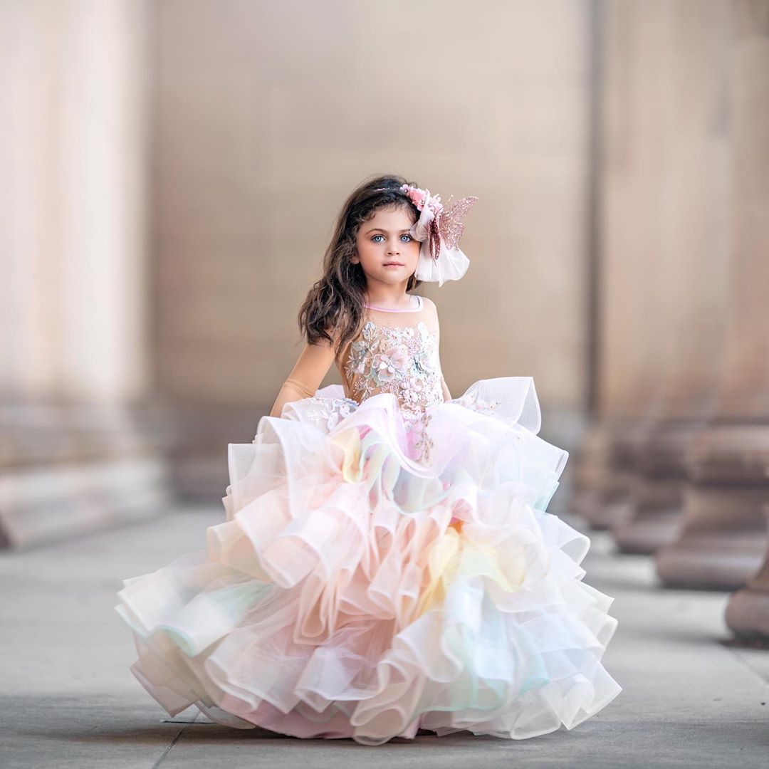 luxurious lace flower girl dresses colorful tiers tulle little girl wedding dresses cheap communion pageant dresses gowns zj699