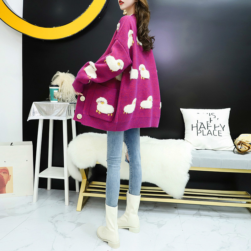 Neploe Women's Clothing Knitted Coat Cartoon Oversized Sweater Female Cardigan Long Sleeve V Neck Knitwear Plus Size Jacket 201031