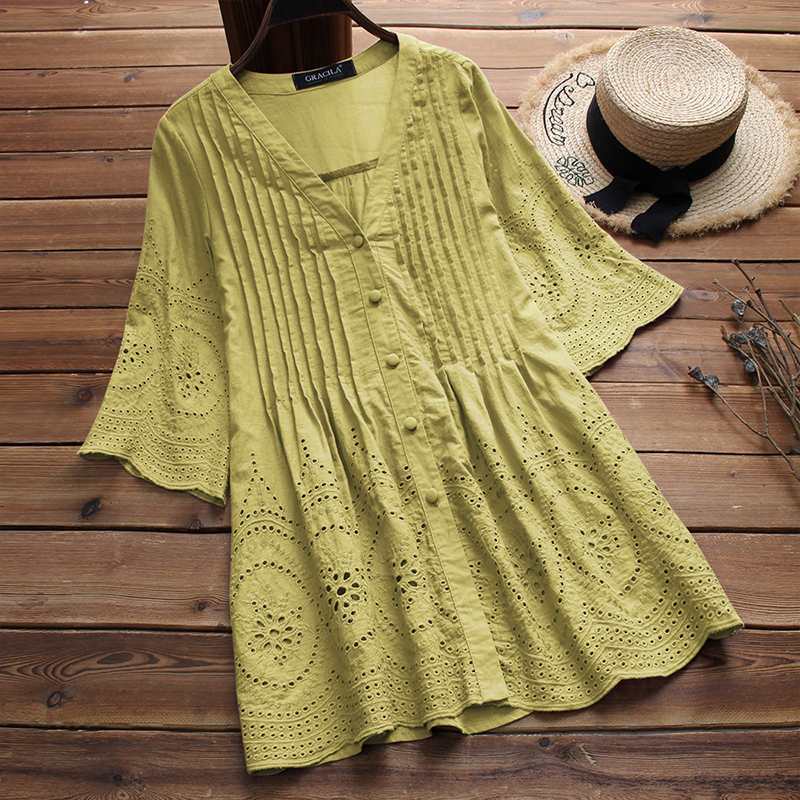 Summer Women Cotton Linen Blouse Elegant Embroidery Hollow Blusas Female V Neck Button Shirts Pleated Tunic Top Plus Size Y200930, White
Summer Women Cotton Linen Blouse Elegant Embroidery Hollow Blusas Female V Neck Button Shirts Pleated Tunic Top Plus Size Y200930, White