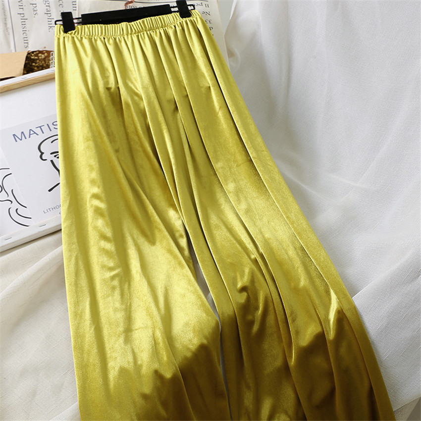 Gowyimmes Vintage Autumn Women Gold Velvet Pants Casual Big Size Wide Leg Pant Autumn Lady Long Trousers High Waist Pants T200223