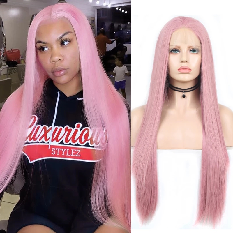 Straight Hair Wig Lace Front Wigs with Natural Hairline Pink Wig High Temperature Fiber Synthetic Wigs for Women