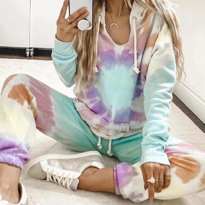 Tie Dye Two Piece Set Women Long Sleeve Tees Hoodie Pullovers Pants Casual Tracksuit Winter Lounge Wear Outfits Multicolor 201119