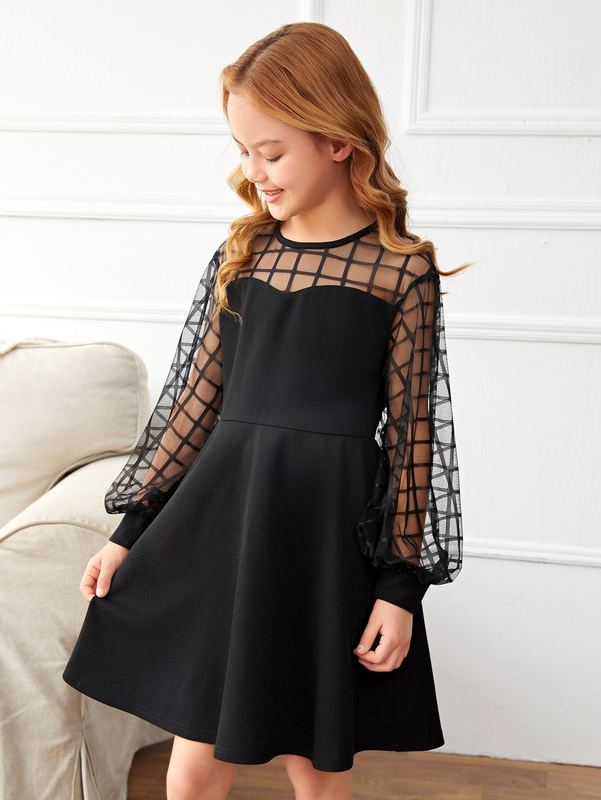Girls Contrast Plaid Mesh Lantern Sleeve Dress SHE