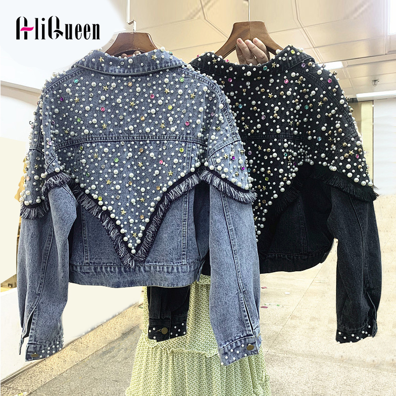 Chaquetas Mujer Autumn Streetwear Denim Jacket Women Hand-studded Pearls Punk Tassel Veste Femme Loose Short Jeans Coats 201106