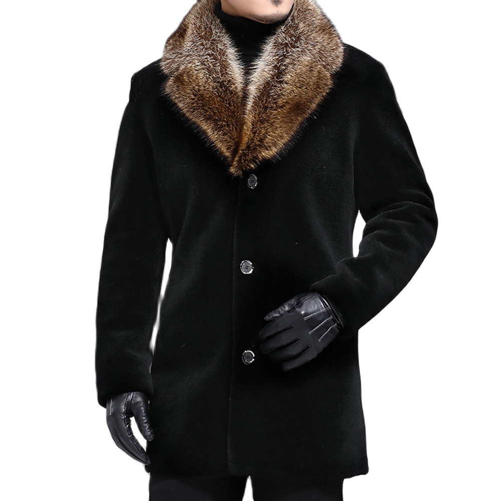 Winter Men Long Coat Wool Blend Faux Fur Collar Black Warm Male Slim Casual Windbreaker Jacket Autumn Trench Outwear Plus Size 201214